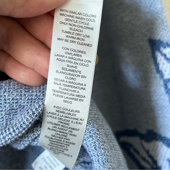 CHICO’S Women’s Fine Knit Sweater 1 Blue White Mix Media Floral Casual Spring - Picture 8 of 11